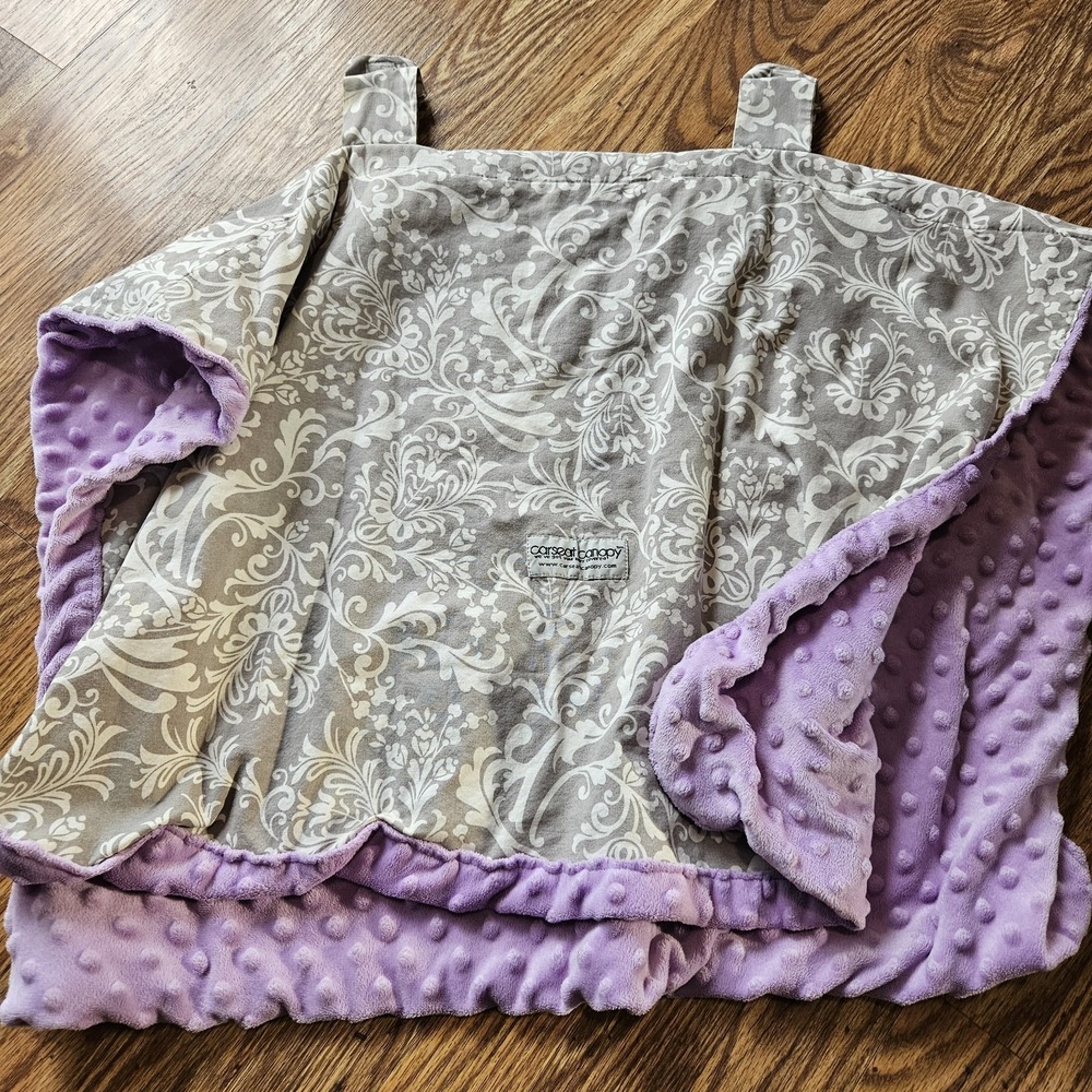 Carseat Canopy Cover Baby Girl Purple Gray Floral Fleece Minky Feminine Washable